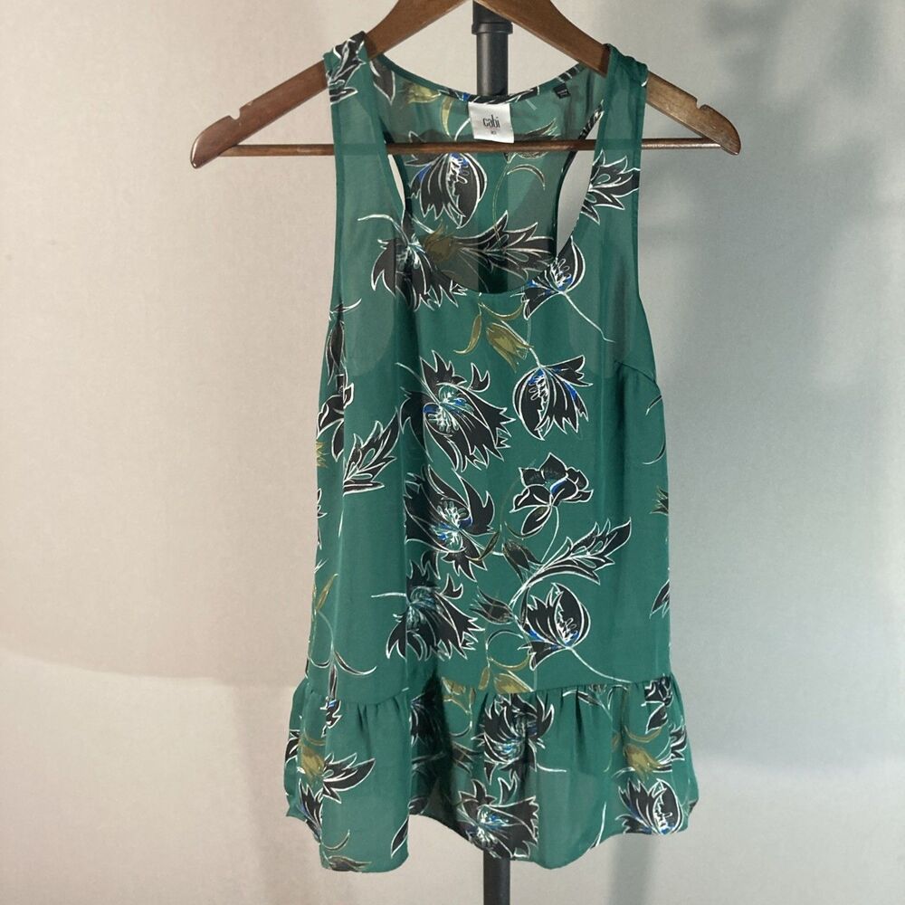CABI green black floral scoop neck sleeveless semi sheer top XS